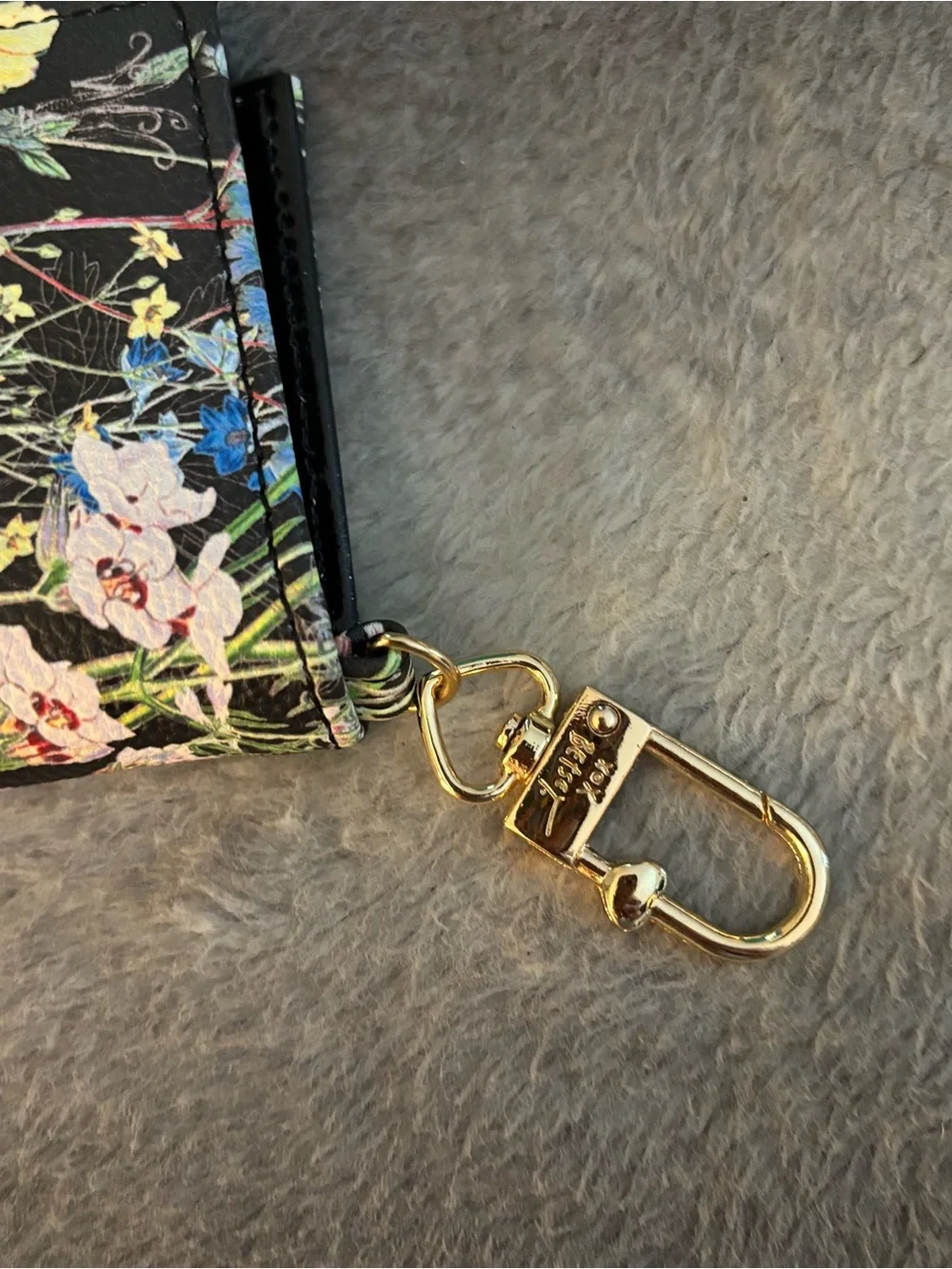 Betsey Johnson Black Floral Card Case Wallet Keychain Bag Charm Gold